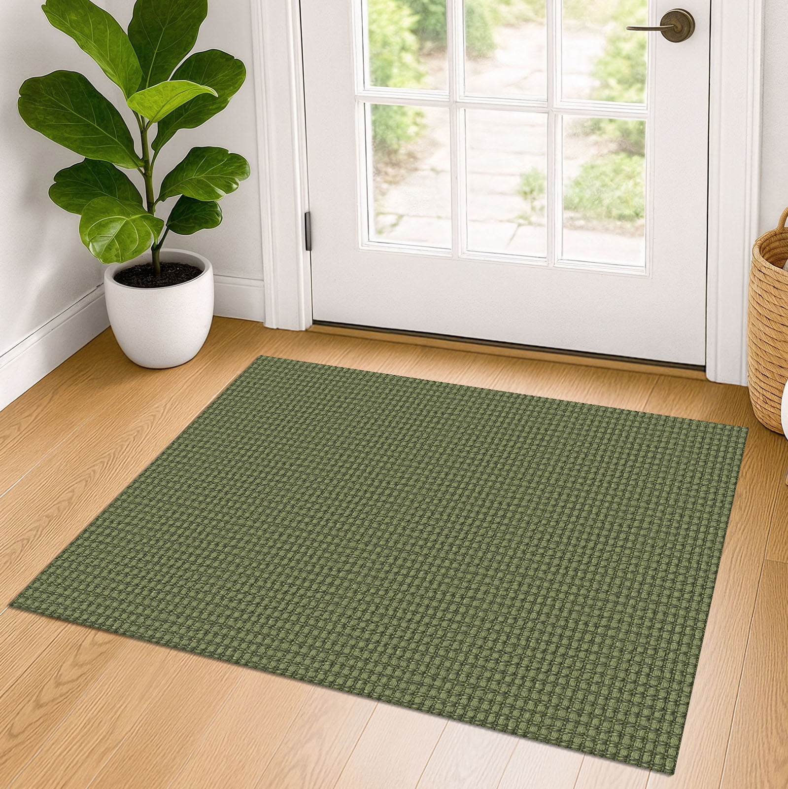 iOhouze Boho Entryway Rugs 2x3 ft Small Area Rugs Washable Rugs Rubber Backed Front Door Rug Olive Green/Earthy Green Cotton Entrance Rugs for Front Porch Bathroom Kitchen Bedroom