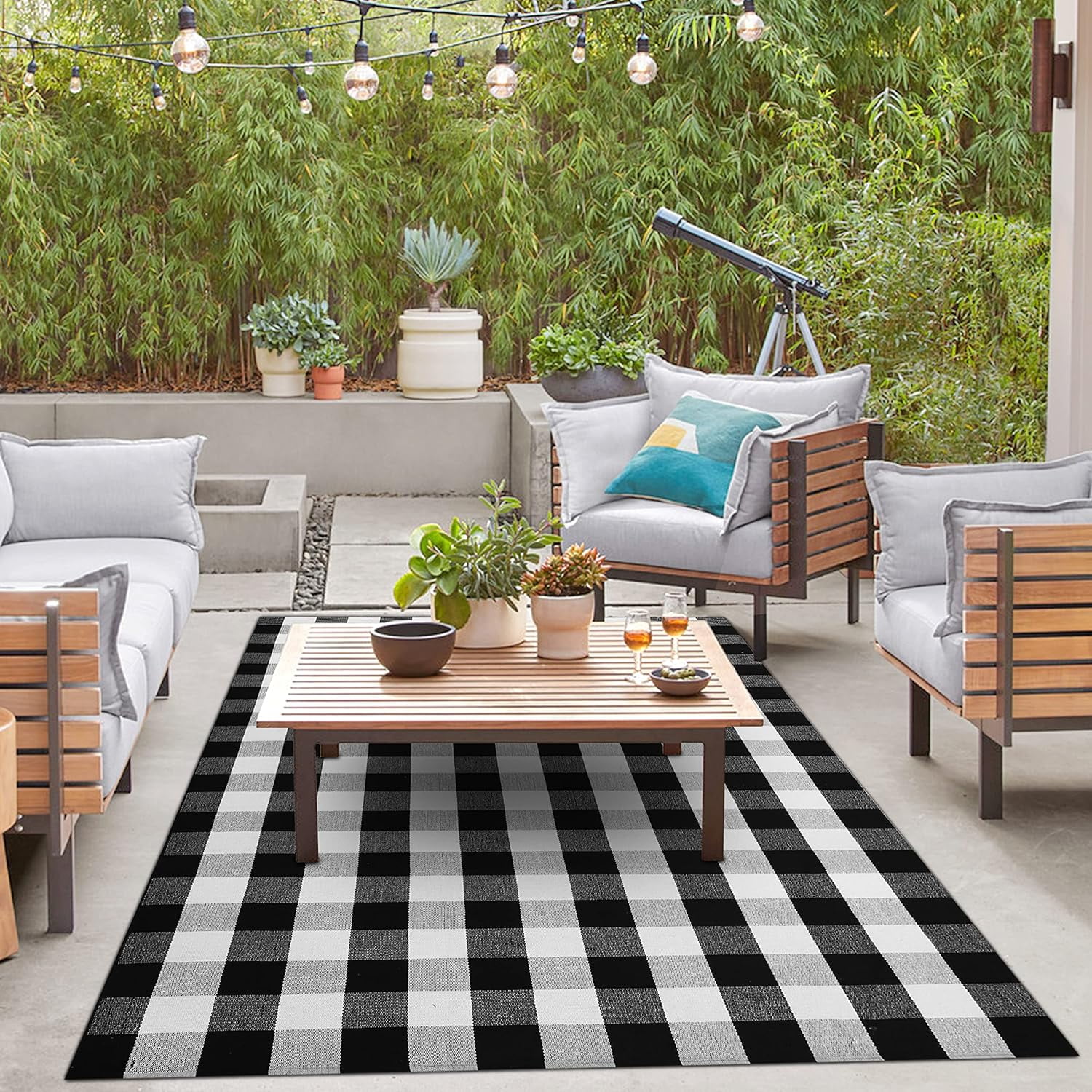 iOhouze Buffalo Plaid Outdoor Rugs Black and White 4'x6' Area Rug, Cotton HandWoven Washable