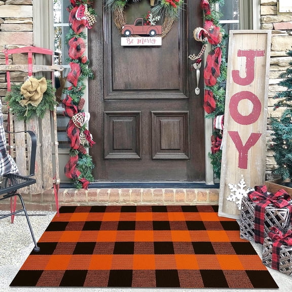 iOhouze Buffalo Plaid Rug 2.3'x3.6' Orange and Black Checked Rug Halloween Doormat Washable Area Rugs Doormat Layered Front Door Mat for Front Porch Entryway Fall Farmhouse