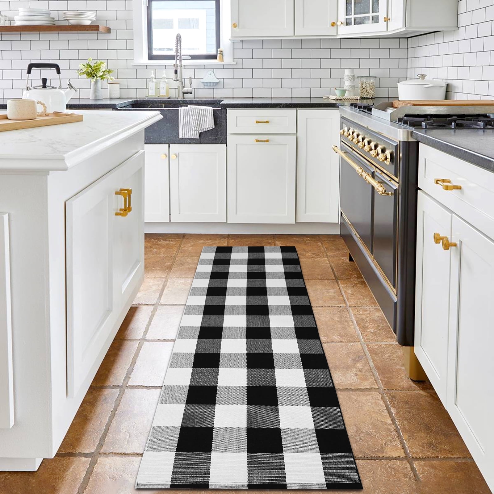 iOhouze Buffalo Plaid Rug 2x8 Ft Black and White Runners for Hallways Washable Checkered Rug Cotton Kitchen Runner Carpet Runner Rugs for Entryway for Hallway Kitchen Bedroom Living Room