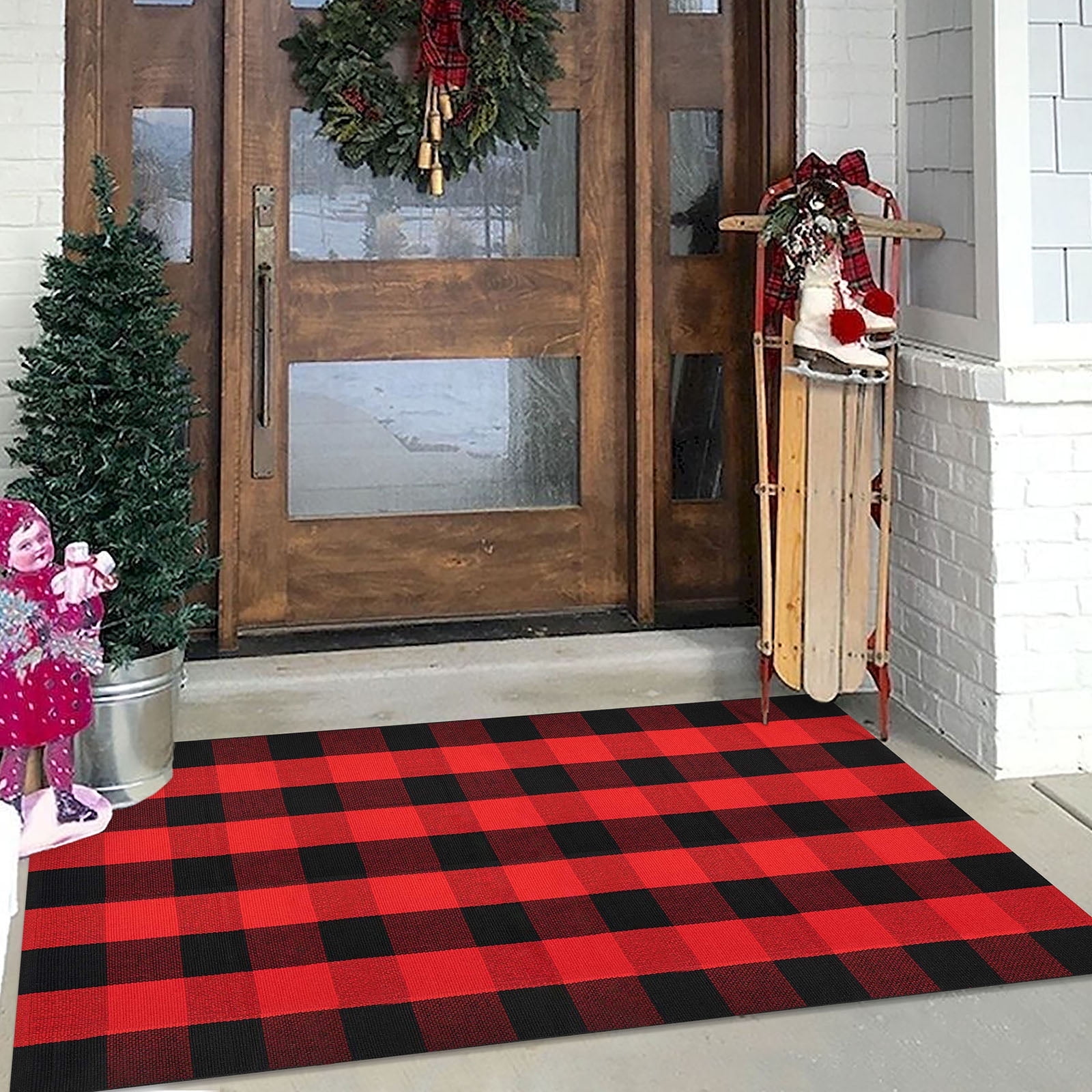 iOhouze Buffalo Plaid Rug 3x5 Black and Red Christmas Doormats Cotton Washable Outdoor Rugs Checkered Rug Front Door Mat Patio Rugs for Front Porch Entryway