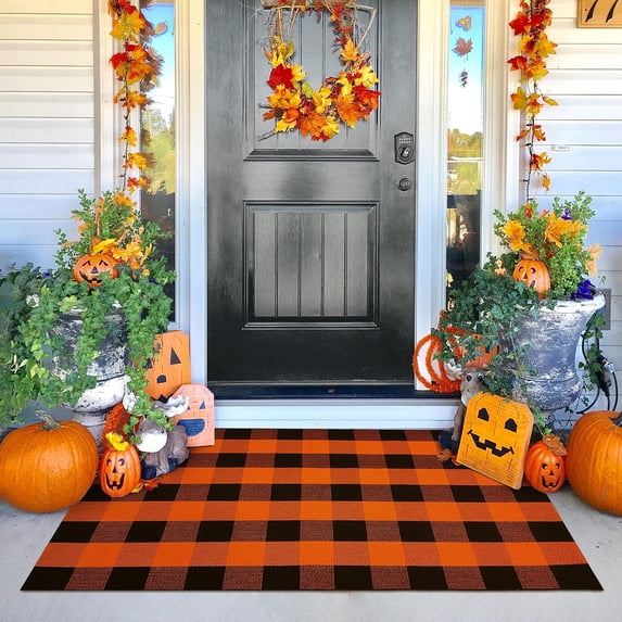 iOhouze Buffalo Plaid Rug 3x5 Orange and Black Checked Rug Halloween Doormat Washable Outdoor Rugs Cotton ayered Front Door Mat for Front Porch Entryway Patio Farmhouse