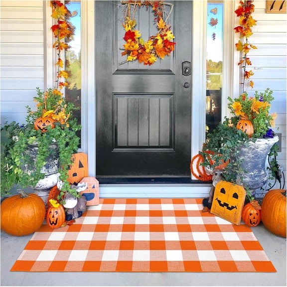iOhouze Buffalo Plaid Rug 3x5 Orange and White Checked Rug Halloween Doormat Washable Outdoor Rugs Cotton ayered Front Door Mat for Front Porch Entryway Patio Farmhouse