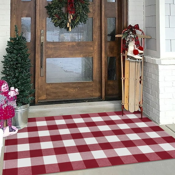 iOhouze Buffalo Plaid Rug 3x5 White and Red Christmas Doormats Cotton Washable Outdoor Rugs Checkered Rug Front Door Mat Patio Rugs for Front Porch Entryway