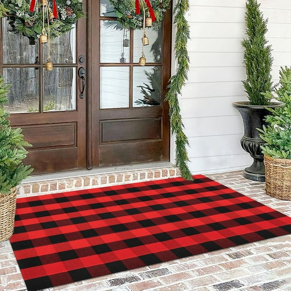 iOhouze Christmas Rug 4x6 Black and Red Outdoor Rugs Washable Cotton Checkered Rug Outdoor Indoor Area Rugs Welcome Mats for Front Door Farmhouse Entryway Home Entrance