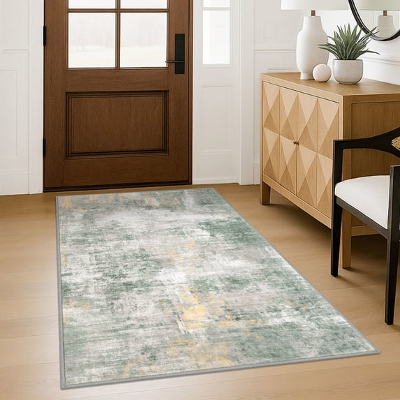 iOhouze Washable Rugs 3x5 ft Entryway Rugs Abstract Non Slip Area Rug Printed Faux Wool Soft Kitchen Rugs Indoor Rugs for Entrance Foyer Living Room Bedroom, Light Green/Gray/Orange