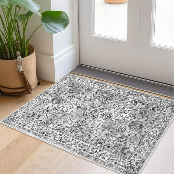 iOhouze Entryway Rugs 2x3 Small Area Rugs Vintage Floral Accent Rug Washable Rug Non Slip Ultra Soft Thin Indoor Mat for Bedroom Entrance, Light Gray White