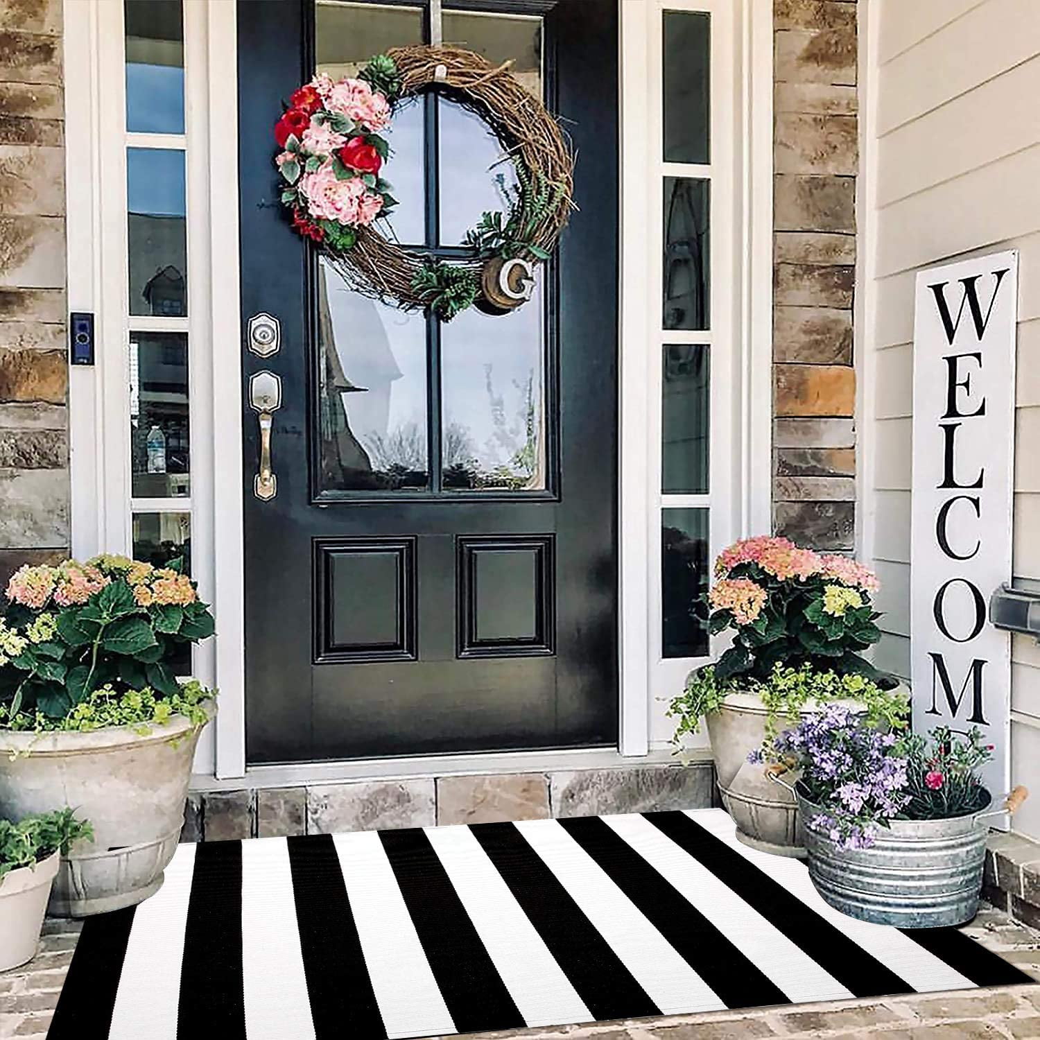 Prironde Welcome Mats for Front Door-Outdoor Indoor Kitchen Mat Red and Black Buffalo Plaid Retro Door Mats for Home Entrance Non-Slip Bathroom Rugs Washable