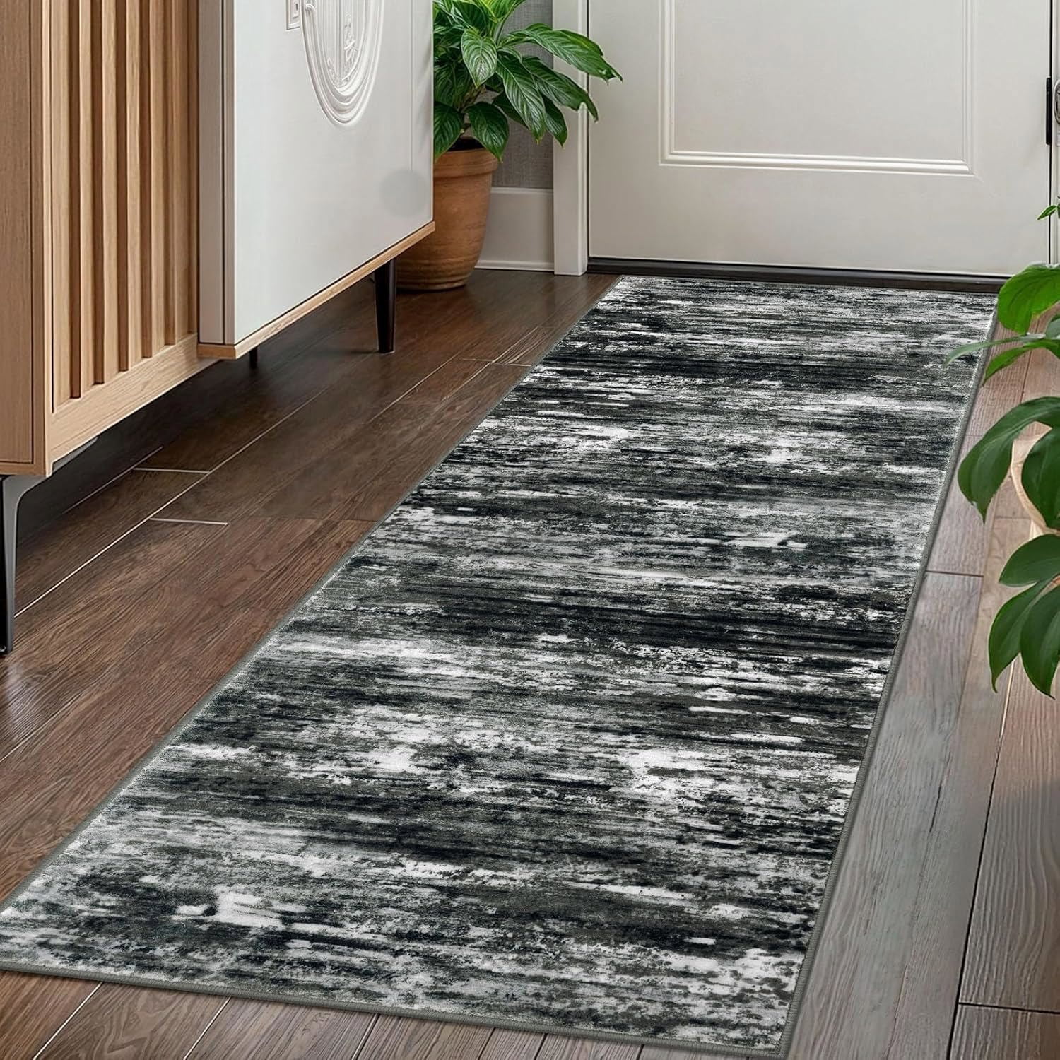 iOhouze Hallway Runner Rug 2x5 Washable Rug Runners Non Slip Kitchen Runner Rug Soft Print Distressed Carpet Runner for Entryway Bedroom Kitchen Laundry Room, Black White Grey Green