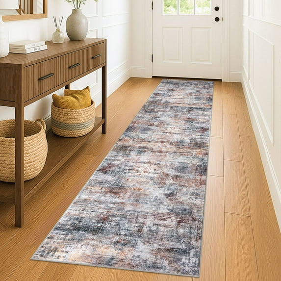 iOhouze Hallway Runner Rugs 2x8 Abstract Washable Runners Non Slip Kitchen Runner Low Pile Soft Printed Faux Wool Abstract Floor Runner for Indoor Bedroom Entryway Laundry Room, Orange Grey