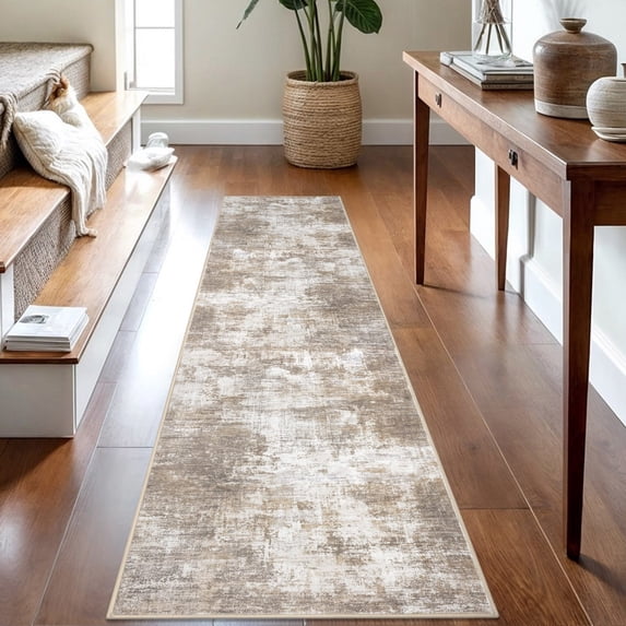 iOhouze Hallway Runner Rugs 2x8 Abstract Washable Runners Non Slip Kitchen Runner Low Pile Soft Printed Faux Wool Abstract Floor Runner for Indoor Bedroom Entryway Laundry Room, Beige Brown