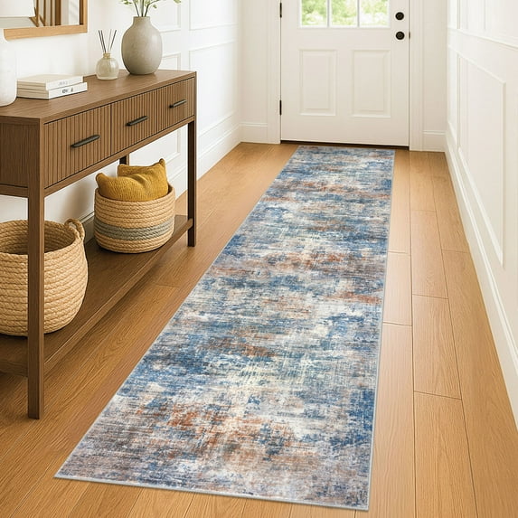 iOhouze Hallway Runner Rugs 2x8 Abstract Washable Runners Non Slip Kitchen Runner Low Pile Soft Printed Faux Wool Abstract Floor Runner for Indoor Bedroom Entryway Laundry Room, Blue/Rust/White