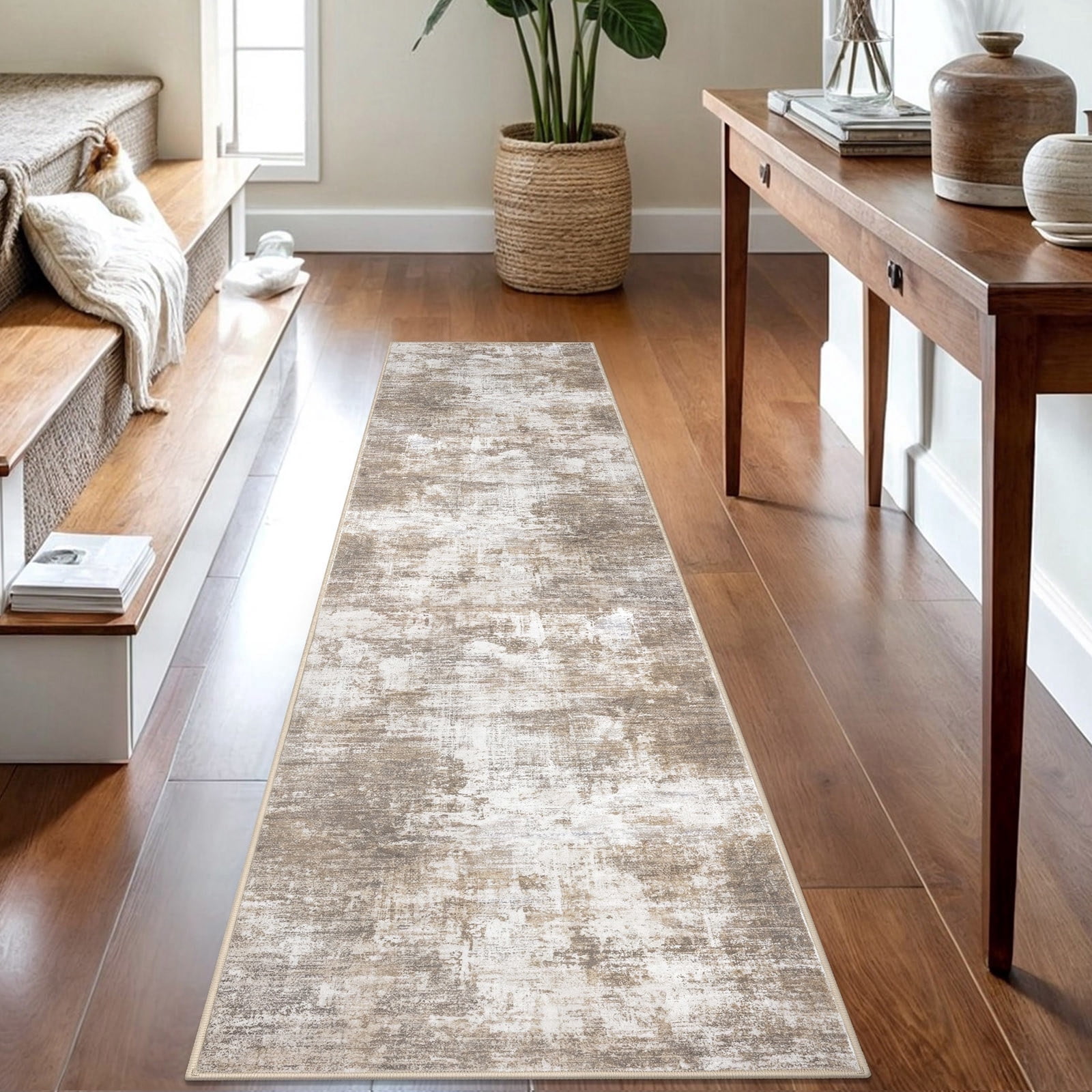 iOhouze Hallway Runner Rugs 2x8 Abstract Washable Runners Non Slip Kitchen Runner Low Pile Soft Printed Faux Wool Abstract Floor Runner for Indoor Bedroom Entryway Laundry Room, Beige Brown