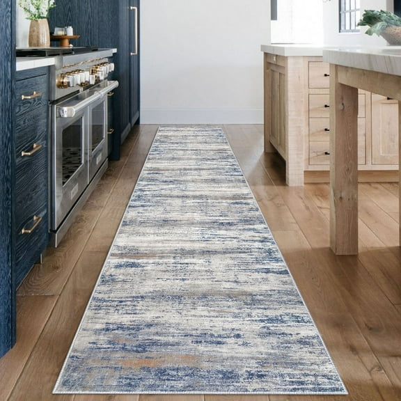 iOhouze Kitchen Runner Rug 2x12 Washable Rug Runner Non-Slip Soft Striped Hallway Runner Rugs, Grey Blue Print Distressed Carpet Runner for Entryway Bathroom Laundry Room Foyer