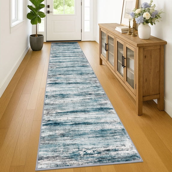 iOhouze Kitchen Runner Rug 2x12 Washable Rug Runner Non-Slip Soft Striped Hallway Runner Rugs, Grey Blue Print Distressed Carpet Runner for Entryway Bathroom Laundry Room Foyer