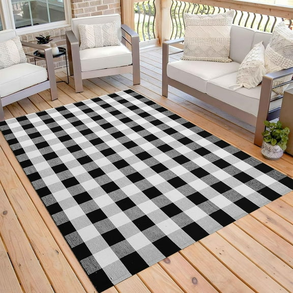 iOhouze Outdoor Area Rugs 5 x 7 Ft Buffalo Plaid Outdoor Rug Black and White Checkered Rug Washable Outdoor Patio Rugs Hand Woven Cotton Rugs for Outdoor Patio Dining Room Farmhouse Rug