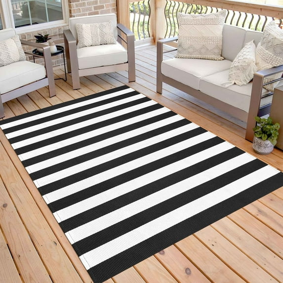 iOhouze Outdoor Area Rugs Black and White Striped Outdoor Rug 5x7 ft Washable Area Rug Indoor Outdoor Cotton Striped Rugs Large Floor Carpet for Garden Patio