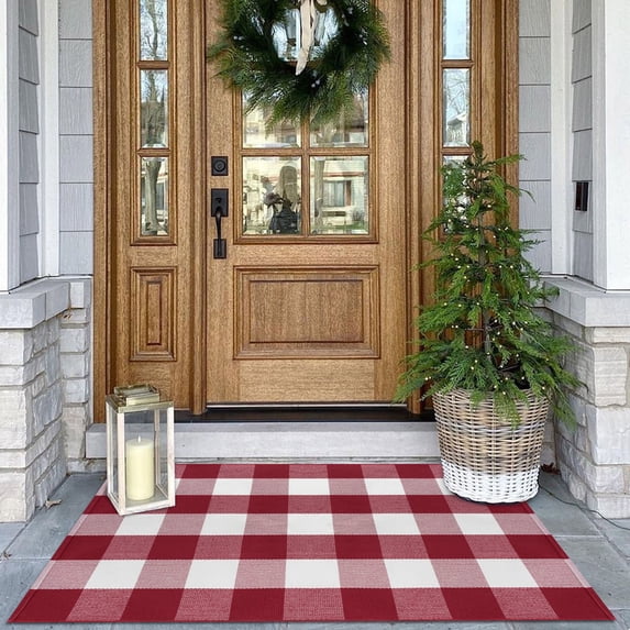 iOhouze Outdoor Rugs 2.3x3.6 White and Red Checked Rug Christmas Door Mats Washable Layered Front Door Mat for Porch Entryway Farmhouse