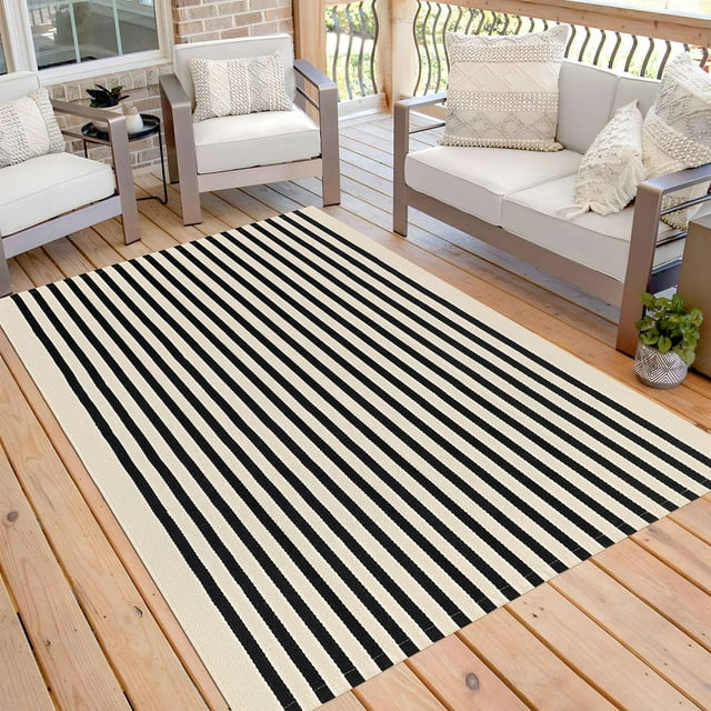 iOhouze Outdoor Rugs 5x8 ft Black and Beige Striped Rug Washable Area ...