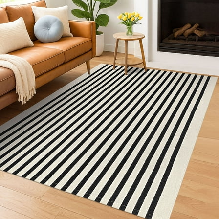 iOhouze Outdoor Rugs 5x8 ft Black and Beige Striped Rug Washable Area Rug Indoor Outdoor Rug Cotton Outdoor Patio Rugs Farmhouse Rugs for Garden Paio