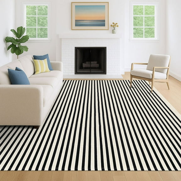 iOhouze Outdoor Rugs 8x10 ft Black and Beige Striped Rug Washable Area Rug Indoor Outdoor Rug Cotton Outdoor Patio Rugs Farmhouse Rugs for Garden Paio
