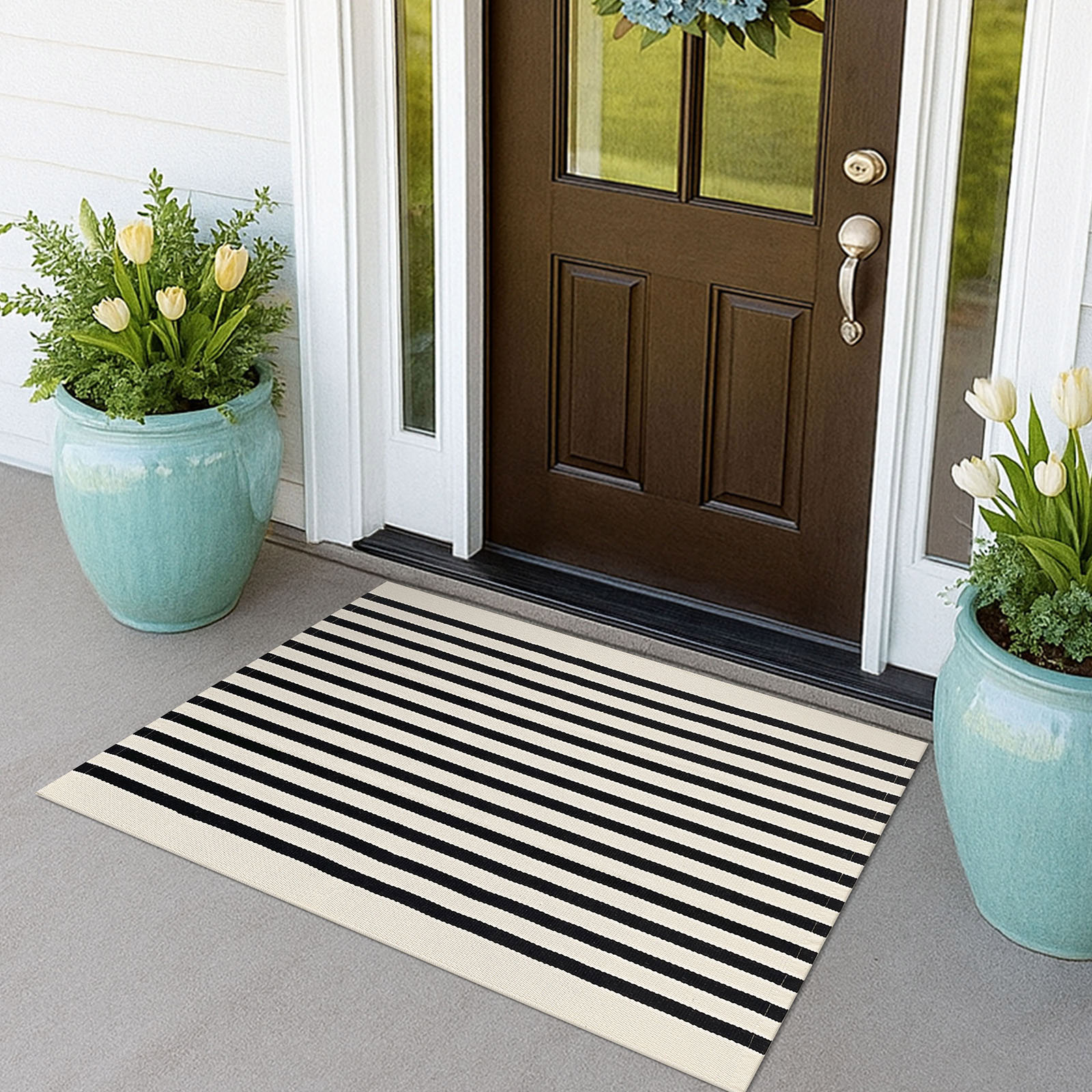 IOhouze Outdoor Rugs Black Beige Striped Porch Rug 2 3 X3 6 Ft Outdoor Doormats Front Door Rug Front Door Kitchen Hallway Bedroom Laundry Room: Quick Guide for Smart Shoppers