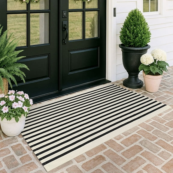 iOhouze Outdoor Rugs Black and Beige Striped Area Rug 4x6 ft Washable Indoor Outdoor Cotton Floor Carpet Rug