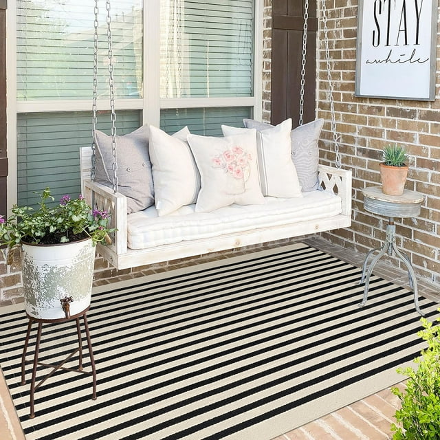 iOhouze Outdoor Rugs Black and Beige Striped Area Rug 4x6 ft Washable ...