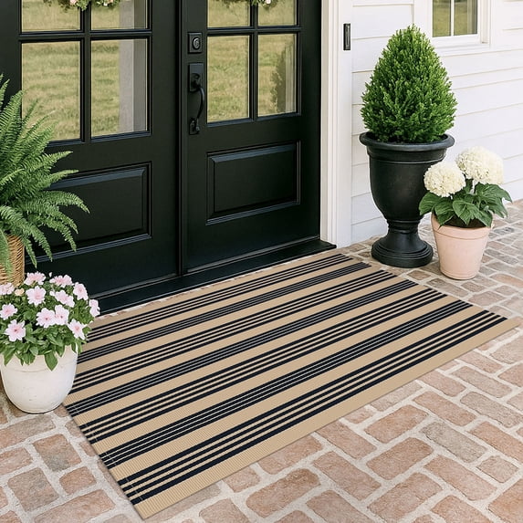 iOhouze Outdoor Rugs Black and Brown Narrow Striped Area Rug 4x6 ft Washable Indoor Outdoor Cotton Floor Carpet Rug