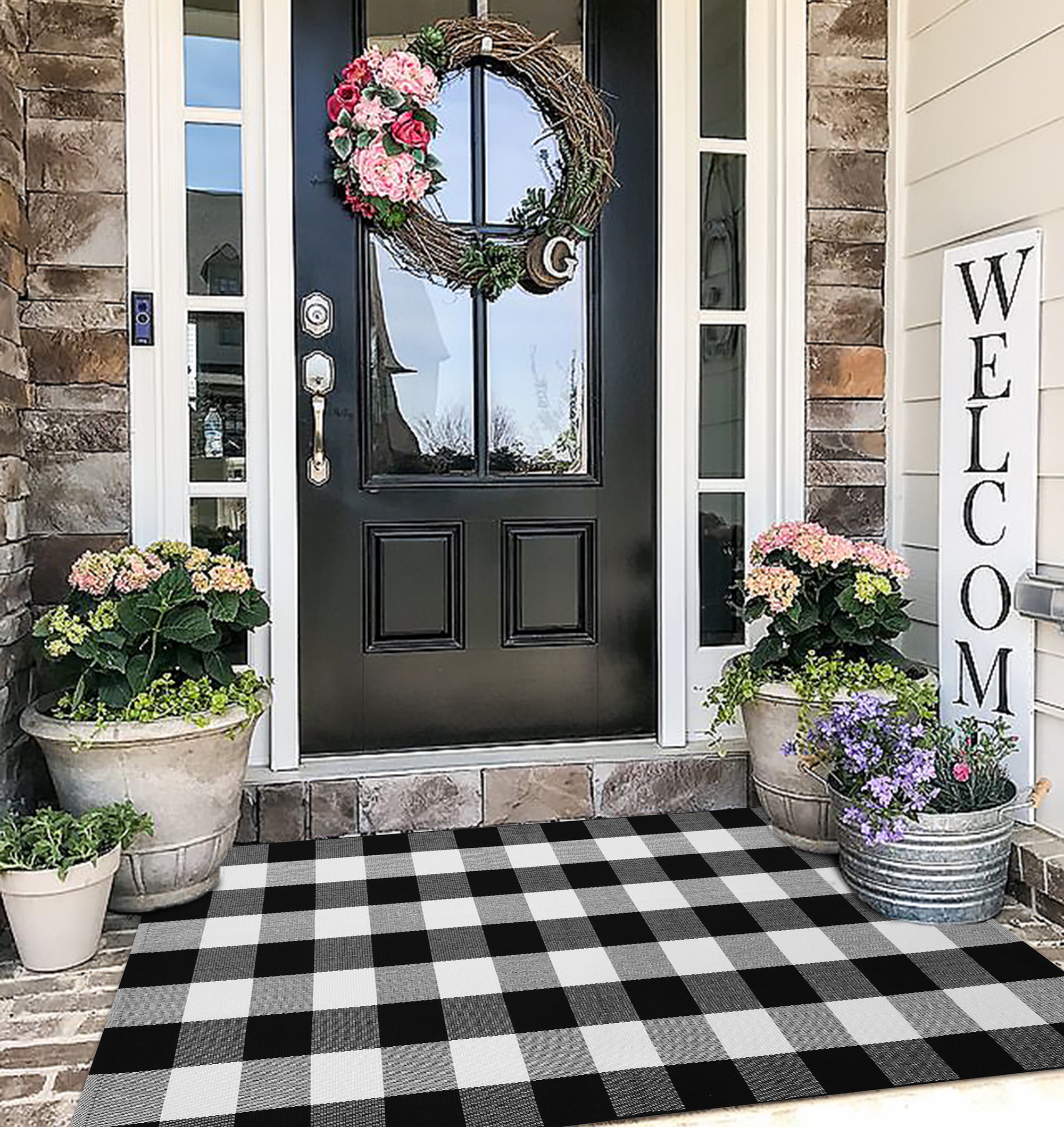 iOhouze Outdoor Rugs Buffalo Plaid Black and White 3'x5' Area Rug, Cotton Woven Washable Indoor Outdoor Rug Farmhouse/Living Room/Bedroom/Kitchen Rug Retro Lattice Checkered Rug