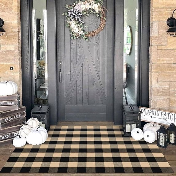iOhouze Outdoor Rugs Buffalo Plaid Brown and Black 4'x6' Area Rug, Cotton Woven Washable Indoor Outdoor Rug Farmhouse/Living Room/Bedroom/Kitchen Rug Retro Lattice Checkered Rug