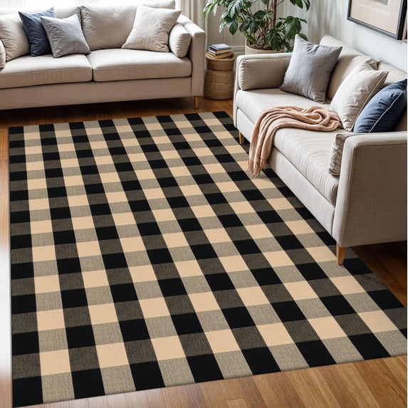 iOhouze Outdoor Rugs Buffalo Plaid Brown and Black 5'x7' Area Rug, Cotton Woven Washable Indoor Outdoor Rug Farmhouse/Living Room/Bedroom/Kitchen Rug Retro Lattice Checkered Rug