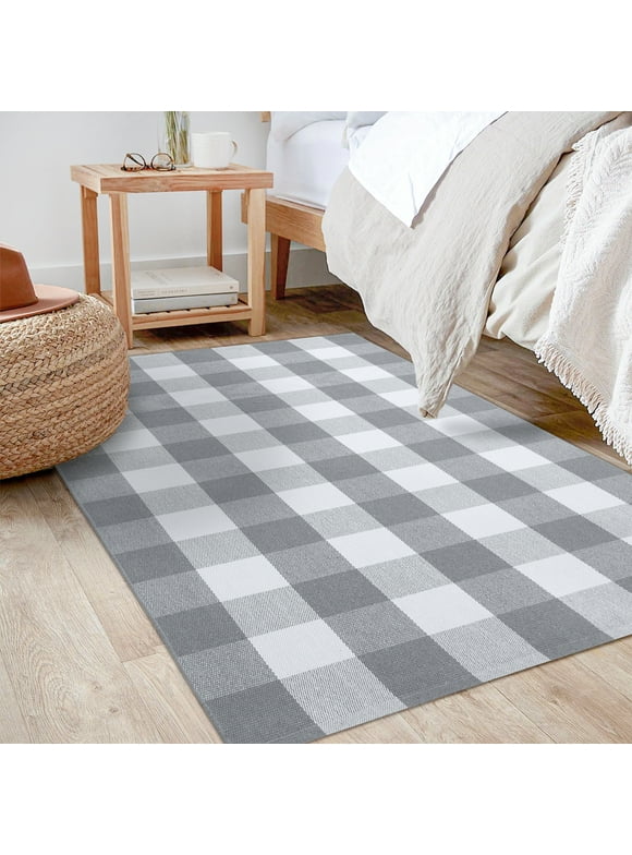 iOhouze Outdoor Rugs Buffalo Plaid Rug Grey and White 3'x5' Area Rug, Cotton Hand-Woven Washable Indoor Outdoor Area Rug Farmhouse/Living Room/Bedroom/Kitchen Rug Retro Lattice Checkered Rug Carpet