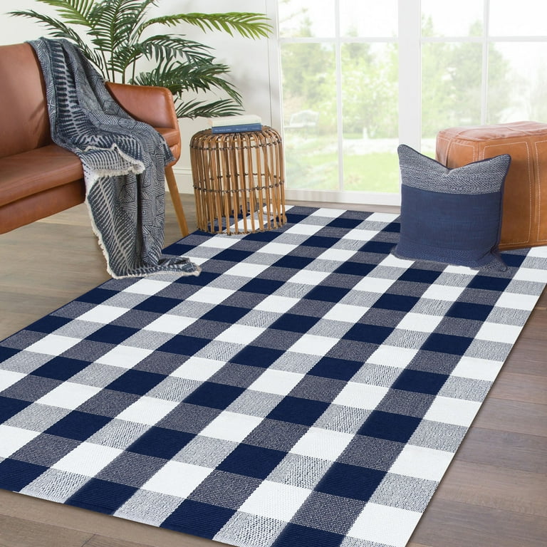 Iohouze Outdoor Rugs Buffalo Plaid Rug Navy Blue And White 2 3 X3 6 Area Cotton Woven Washable Indoor Farmhouse Checkered Carpet Com