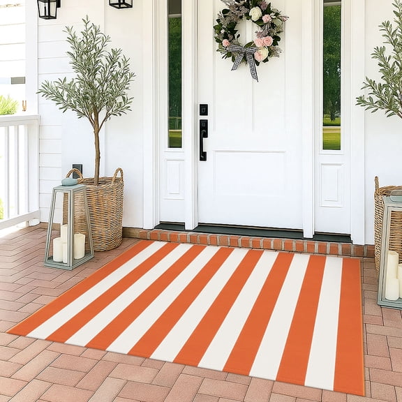 iOhouze Outdoor Rugs Cotton Striped Area Rug 3x5 ft Washable Indoor Outdoor Non Slip Floor Carpet Rug Orange and White Fall Rugs