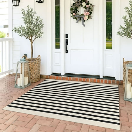 iOhouze Outdoor Rugs Cotton Striped Area Rug 3x5 ft Washable Indoor Outdoor Non Slip Floor Carpet Rug