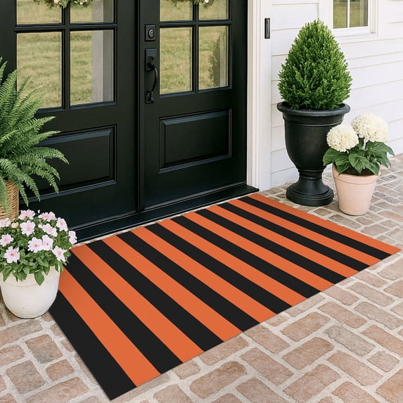iOhouze Outdoor Rugs Orange and Black Striped Area Rug 4x6 ft Washable Indoor Outdoor Cotton Floor Carpet Rug Fall Rugs