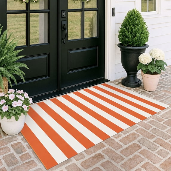 iOhouze Outdoor Rugs Orange and White Striped Area Rug 4x6 ft Washable Indoor Outdoor Cotton Floor Carpet Rug Fall Rugs