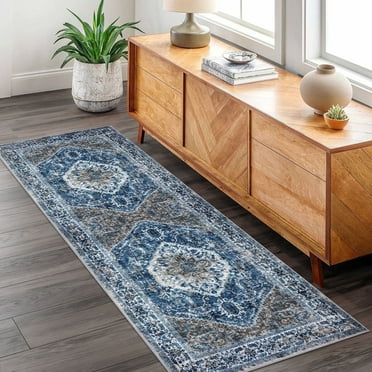 iOhouze Runner Rug for Hallway 2x6 Washable Kitchen Runner Boho Non Slip Entryway Runner Rugs Blue Printed Faux Wool Floor Runners for Bedroom Kitchen Hall Kitchen