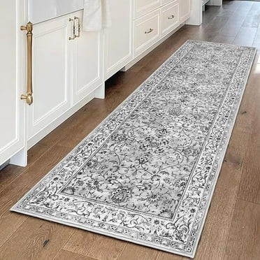 iOhouze Runner Rug for Hallways Washable 2x6 Rug Runner Vintage Thin Floral Rug Kitchen Runner Rugs Non Slip Soft Low Pile Print Runners for Kitchen Laundry Room Bedroom, Light Gray White