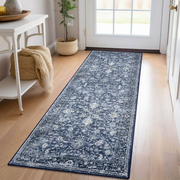 iOhouze Runner Rug for Hallways Washable 2x6 Rug Runner Vintage Thin Floral Rug Kitchen Runner Rugs Non Slip Soft Low Pile Print Runners for Kitchen Laundry Room Bedroom, Blue/Navy/White