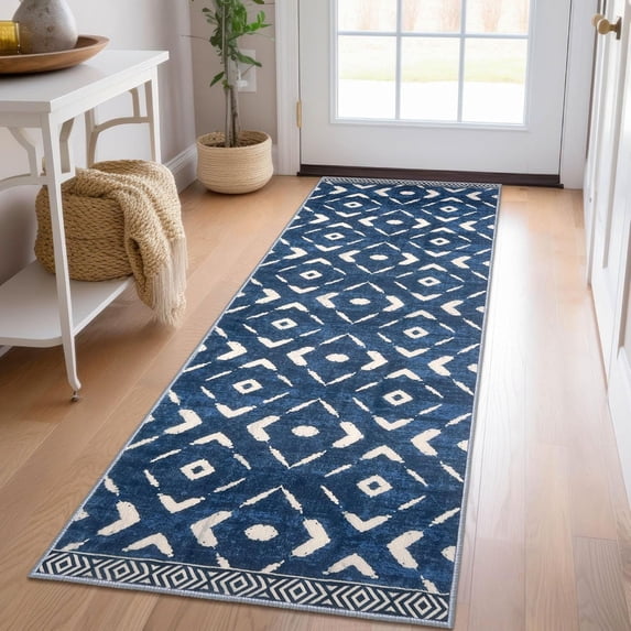 iOhouze Runner Rugs 2'x6' Washable Runners Moroccan Non Slip Ultra Soft Print Geometric Thin Indoor Rug Runner for Hallway Entryway Bedroom Kitchen, Blue