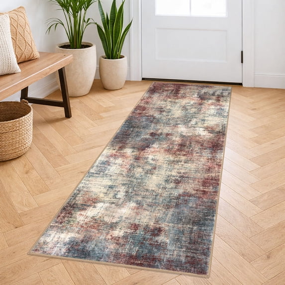 iOhouze Runner Rugs 2x5 Washable Runner Rug for Hallways Non Slip Kitchen Runner Low Pile Soft Printed Faux Wool Abstract Floor Runner for Inodoor Bedroom Entryway Laundry Room, Red/Multi