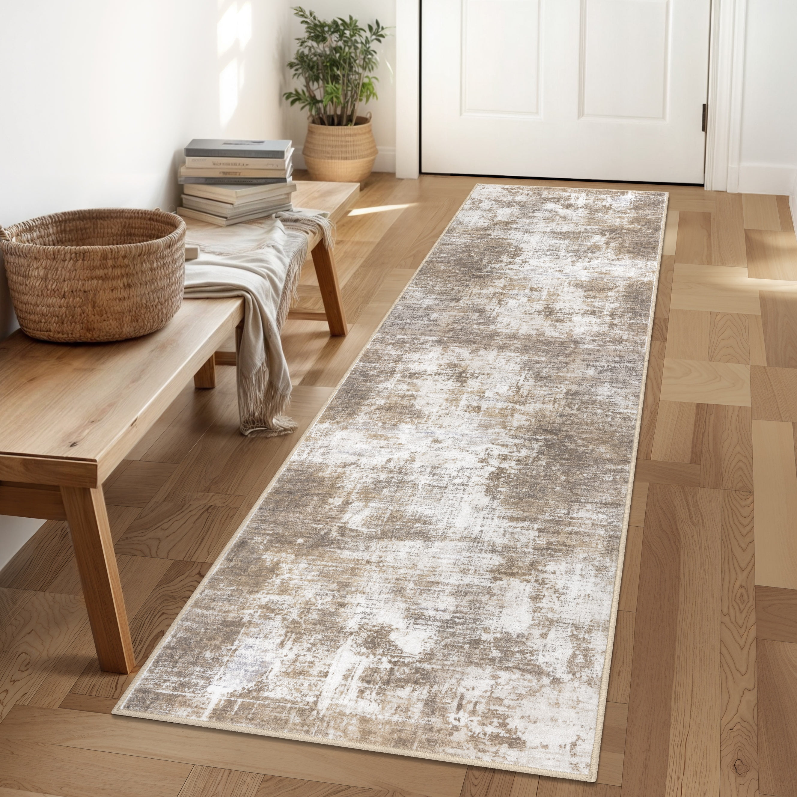 Washable Abstract Runner Rug 2x6 - Non-Slip Rubber Backed, Thin Soft Carpet For Kitchen, Bedroom, Entryway - Rusty Brown Modern Design