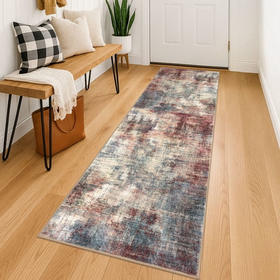 iOhouze Runner Rugs 2x6 Washable Runner Rug for Hallways Non Slip Kitchen Runner Low Pile Soft Printed Faux Wool Abstract Floor Runner for Inodoor Bedroom Entryway Laundry Room, Red/Multi