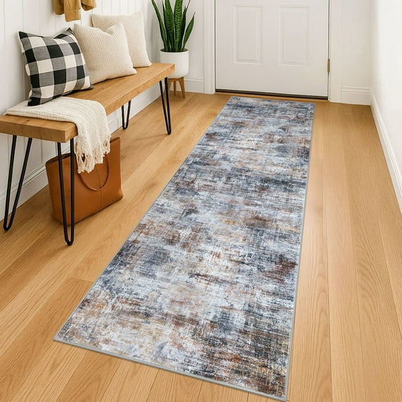 iOhouze Runner Rugs 2x6 Washable Runner Rug for Hallways Non Slip Kitchen Runner Low Pile Soft Printed Faux Wool Abstract Floor Runner for Inodoor Bedroom Entryway Laundry Room, Orange Grey