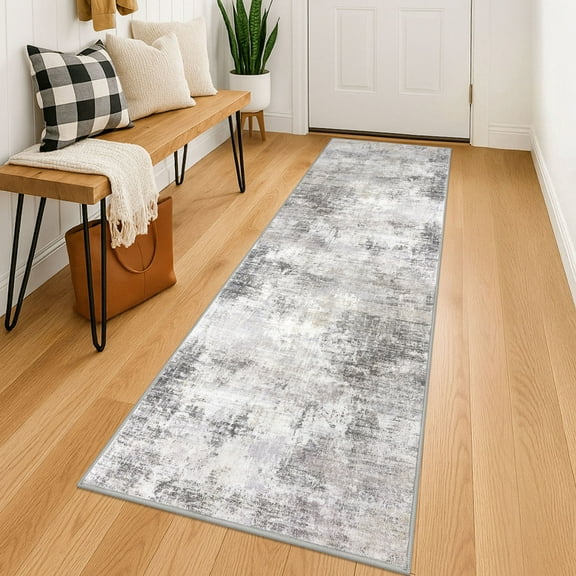 iOhouze Runner Rugs 2x6 Washable Runner Rug for Hallways Non Slip Kitchen Runner Low Pile Soft Printed Faux Wool Abstract Floor Runner for Inodoor Bedroom Entryway Laundry Room, Ash Grey/Beige