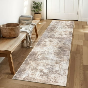 iOhouze Runner Rugs 2x6 Washable Runner Rug for Hallways Non Slip Kitchen Runner Low Pile Soft Printed Faux Wool Abstract Floor Runner for Inodoor Bedroom Entryway Laundry Room, Beige Brown