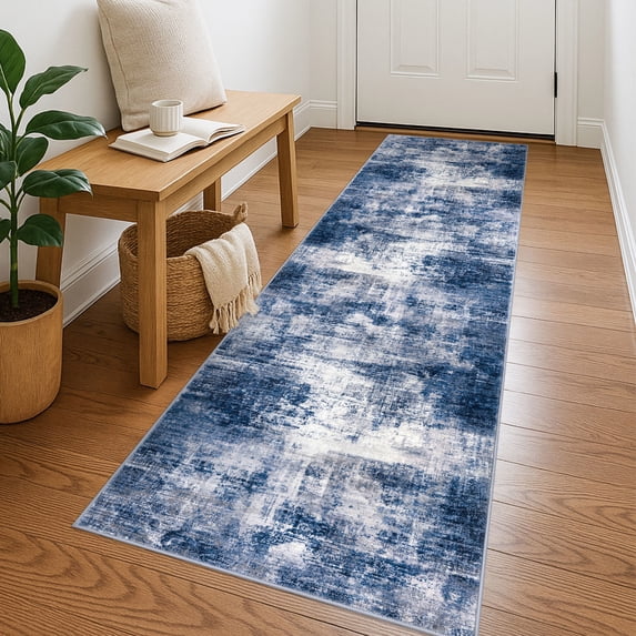 iOhouze Runner Rugs 2x7 Washable Runner Rug for Hallways Non Slip Kitchen Runner Low Pile Soft Printed Faux Wool Abstract Floor Runner for Inodoor Bedroom Entryway Laundry Room, Blue/Rust/White