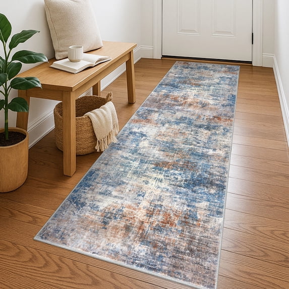 iOhouze Runner Rugs 2x7 Washable Runner Rug for Hallways Non Slip Kitchen Runner Low Pile Soft Printed Faux Wool Abstract Floor Runner for Inodoor Bedroom Entryway Laundry Room, Blue/Rust/White